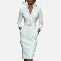 Célia | Damen Midikleid Gürtel V-Ausschnitt Tailliert Elegant Alltag in Weiß