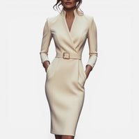 Célia | Damen Midikleid Gürtel V-Ausschnitt Tailliert Elegant Alltag in Beige