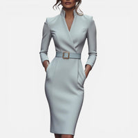 Célia | Damen Midikleid Gürtel V-Ausschnitt Tailliert Elegant Alltag in Grau