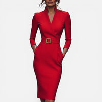 Célia | Damen Midikleid Gürtel V-Ausschnitt Tailliert Elegant Alltag in Rot