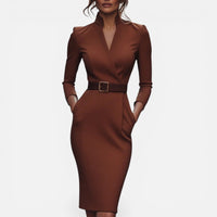 Célia | Damen Midikleid Gürtel V-Ausschnitt Tailliert Elegant Alltag in Braun