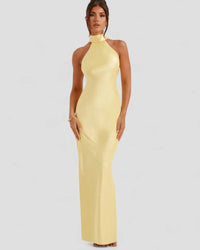Valentina | Damen Satin Ballkleid Rückenfrei Wasserfallkragen Glamour in Gelb