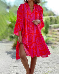 Linda | Damen Elegantes Boho Kleid Locker Fließend Romantic Sommer in Rot