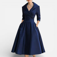Célia | Damen Midikleid Reverskragen Ausgestellter Rock Elegant Business in Blau