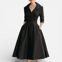 Célia | Damen Midikleid Reverskragen Ausgestellter Rock Elegant Business in Schwarz