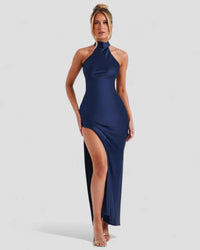 Valentina | Damen Satin Ballkleid Rückenfrei Wasserfallkragen Glamour in Marineblau