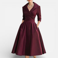 Célia | Damen Midikleid Reverskragen Ausgestellter Rock Elegant Business in Burgunder