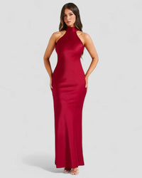 Valentina | Damen Satin Ballkleid Rückenfrei Wasserfallkragen Glamour in Rot