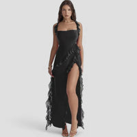 Séraphine | Damen Maxikleid Rüschenbesatz Schlitz Abend Glamour Elegant in Schwarz