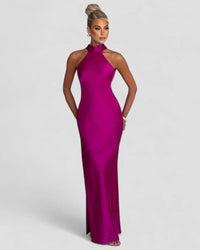 Valentina | Damen Satin Ballkleid Rückenfrei Wasserfallkragen Glamour in Lila