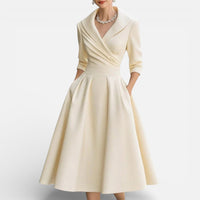 Célia | Damen Midikleid Reverskragen Ausgestellter Rock Elegant Business in Beige