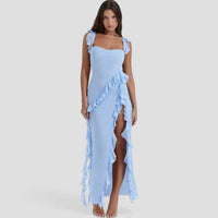 Séraphine | Damen Maxikleid Rüschenbesatz Schlitz Abend Glamour Elegant in Blau