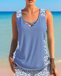 Jesse | Damen Tankini Set Gemustert Trendig Modern Sommer Bademode in Hellblau