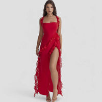 Séraphine | Damen Maxikleid Rüschenbesatz Schlitz Abend Glamour Elegant in Rot