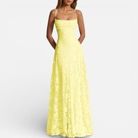 Léonie | Damen Maxikleid Spaghettiträger Ausgestellter Rock Feminin Sommer in Gelb