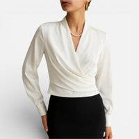 Élodie | Damen Bluse Langarm V-Ausschnitt Wickeloptik Feminin Elegant in Weiß