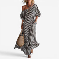 Inoni | Damen Off-Shoulder Gestreiftes Maxikleid in Kohlenstoffgrau