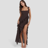 Séraphine | Damen Maxikleid Rüschenbesatz Schlitz Abend Glamour Elegant in Braun