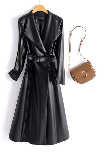 Eleganter offener veganer Ledermantel mit großem Gürtel für Damen | Ideal für den Winter