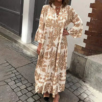 Isolde | Damen Blumenmuster Langarm Midi Kleid in Braun