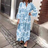 Isolde | Damen Blumenmuster Langarm Midi Kleid in Blau