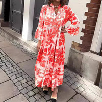 Isolde | Damen Blumenmuster Langarm Midi Kleid in Rot