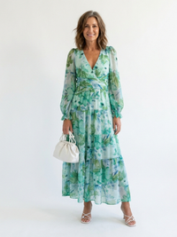 Isolde | Damen Blumenmuster Wickel Maxikleid in Grün