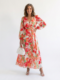Isolde | Damen Blumenmuster Wickel Maxikleid in Orange