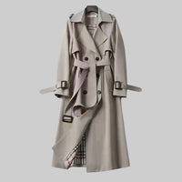 Helga | Damen Langer Doppelreihiger Trenchcoat Mit Gürtel in Grau