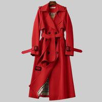 Helga | Damen Langer Doppelreihiger Trenchcoat Mit Gürtel in Rot