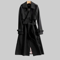 Helga | Damen Langer Doppelreihiger Trenchcoat Mit Gürtel in Schwarz
