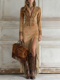 Thorhild | Damen Maxikleid Fransen Wildleder-Optik Boho Romantic Western in Hellbraun