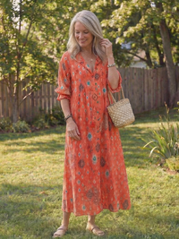 Josefine | Damen Blumen Maxikleid mit 3/4 Ärmeln in Orange