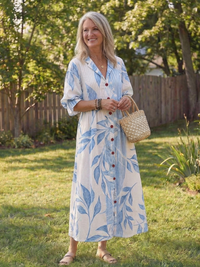 Josefine | Damen Blumen Maxikleid mit 3/4 Ärmeln in Blau