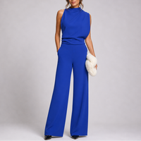 Josefine | Damen Ärmellos Mock Neck Weites Bein Jumpsuit in Blau