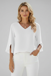 Josefine | Damen V-Ausschnitt 3/4 Arm Bluse in Weiß