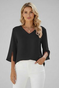 Josefine | Damen V-Ausschnitt 3/4 Arm Bluse in Schwarz