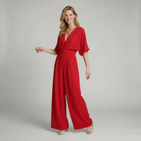 Léonie | Damen Jumpsuit Kurzarm V-Ausschnitt Elegant Modern Sommer in Rot