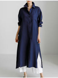 Karolin | Damen Langarm Hemdblusenkleid Midi in Marineblau