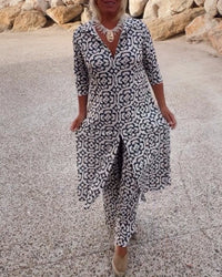 Katja | Damen Bedruckte Tunika Weite Hose Set in Weiß