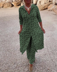 Katja | Damen Bedruckte Tunika Weite Hose Set in Grün