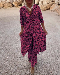 Katja | Damen Bedruckte Tunika Weite Hose Set in Rot