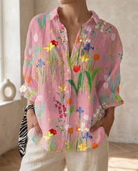 Katrin | Damen Bluse mit tropischem Print in Rosa Gelb Druck