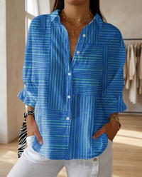 Katrin | Damen Bluse mit tropischem Print in Blauer Streifen