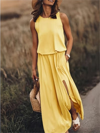 Klara | Damen Ärmelloses Rundhals Maxikleid in Gelb