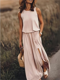 Klara | Damen Ärmelloses Rundhals Maxikleid in Khaki