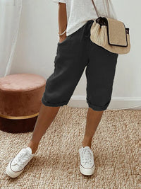 Mae | Damen Shorts Baumwolle Leinen Leicht Sommer Komfort Natural in Schwarz
