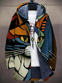 Leonie | Kunstdruck Fleece-gefütterter Oversized Zip-Hoodie Cardigan in Katze