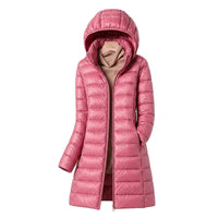 Lange Damen-Steppjacke mit Kapuze in Rosa