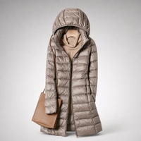 Lange Damen-Steppjacke mit Kapuze in Khaki